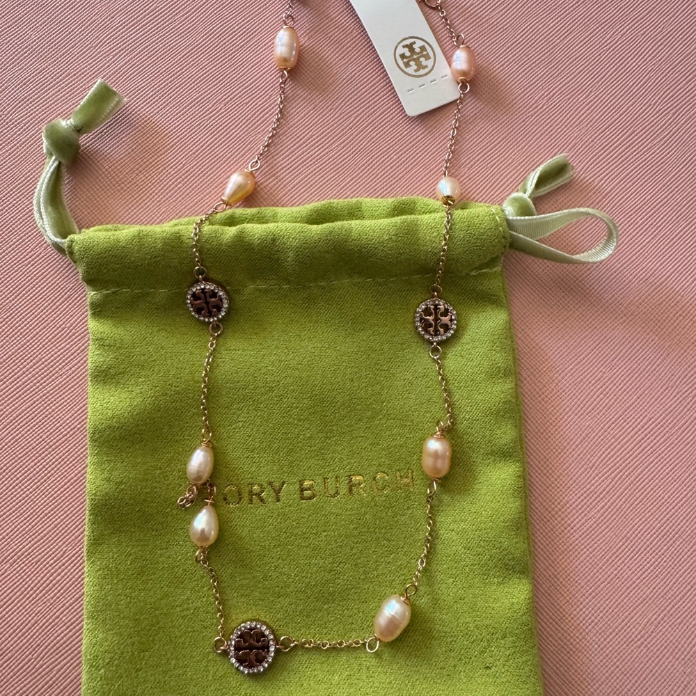 Tory Burch Rose Gold and Champagne Pearl Chain Necklace